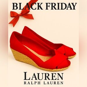 Lauren Ralph Lauren Cecilia Red Espadrille Wedge Peep Toe 6